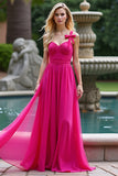 A Line Fuchsia Straps Ruched Long Tulle Prom Dress