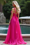 A Line Fuchsia Straps Ruched Long Tulle Prom Dress