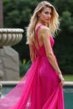 A Line Fuchsia Straps Ruched Long Tulle Prom Dress