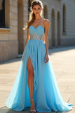 Sparkly Blue A Line Sweetheart Beaded Long Prom Dress With Slit