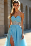 Sparkly Blue A Line Sweetheart Beaded Long Prom Dress With Slit