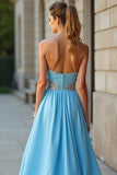 Sparkly Blue A Line Sweetheart Beaded Long Prom Dress With Slit