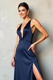 Navy Deep V Neck Sheath Satin Formal Dress with Slit