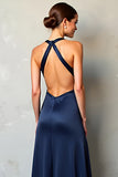 Navy Deep V Neck Sheath Satin Formal Dress with Slit