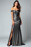 Dark Grey Off the Shoulder Metallic Satin Formal Dress with Slit