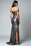 Dark Grey Off the Shoulder Metallic Satin Formal Dress with Slit