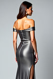 Dark Grey Off the Shoulder Metallic Satin Formal Dress with Slit