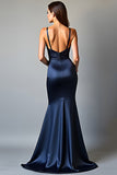 Navy Sheath Spaghetti Straps Long Satin Prom Dress With Slit