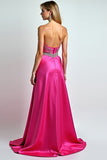 Sparkly Fuchsia A Line Sequin Sweetheart Long Prom Dress With Slit