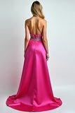 Sparkly Fuchsia A Line Sequin Sweetheart Long Prom Dress With Slit