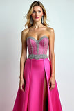 Sparkly Fuchsia A Line Sequin Sweetheart Long Prom Dress With Slit