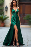 Dark Green A Line Spaghetti Straps Satin Long Prom Dress With Slit