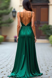 Dark Green A Line Spaghetti Straps Satin Long Prom Dress With Slit