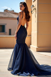 Mermaid Navy Spaghetti Straps Long Lace Prom Dress