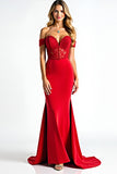 Red Mermaid Off The Shoulder Corset Long Prom Dress With Lace