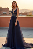 Navy Deep V-Neck Tulle A Line Formal Dress with Beading