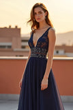 Navy Deep V-Neck Tulle A Line Formal Dress with Beading