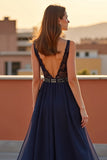 Navy Deep V-Neck Tulle A Line Formal Dress with Beading