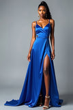 Royal Blue A Line Spaghetti Straps Long Satin Prom Dress