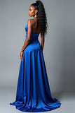 Royal Blue A Line Spaghetti Straps Long Satin Prom Dress