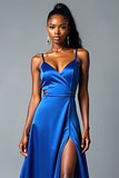 Royal Blue A Line Spaghetti Straps Long Satin Prom Dress