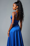 Royal Blue A Line Spaghetti Straps Long Satin Prom Dress