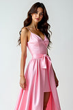 A Line Pink Spaghetti Straps Long Prom Dress With Train