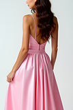 A Line Pink Spaghetti Straps Long Prom Dress With Train