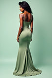 Sage Spaghetti Straps Mermaid Ruched Long Wedding Guest Dress with Slit