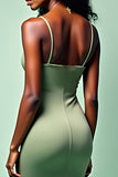 Sage Spaghetti Straps Mermaid Ruched Long Wedding Guest Dress with Slit