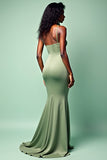 Sage Spaghetti Straps Mermaid Ruched Long Wedding Guest Dress with Slit