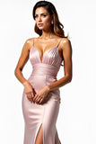 Dusty Rose Spaghetti Straps Mermaid Pleated Prom Dress with Slit