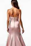 Dusty Rose Spaghetti Straps Mermaid Pleated Prom Dress with Slit