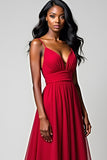 Red Spaghetti Straps A Line Long Bridesmaid Dress