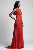 Red Spaghetti Straps A Line Long Bridesmaid Dress