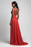 Red Spaghetti Straps A Line Long Bridesmaid Dress