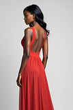 Red Spaghetti Straps A Line Long Bridesmaid Dress