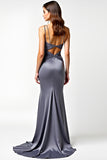 Steel Grey Mermaid Spaghetti Straps Long Bridesmaid Dress