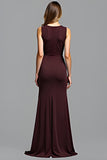 Sheath Cabernet Sleeveless V Neck Pleated Long Bridesmaid Dress