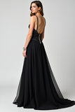 Spaghetti Straps Sparkly Black A Line Long Formal Dress