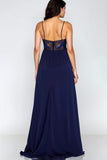 Navy Spaghetti Straps A Line Appliqued Formal Dress with Slit