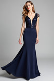 Sparkly Navy V-Neck Mermaid Formal Dress with Cap Sleeves