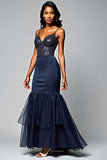 Sparkly Navy Ruffled Mermaid Long Formal Dress