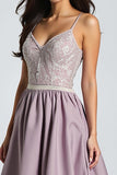 Embroidery Spaghetti Straps Purple A Line Prom Dress