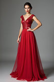 Dark Red Beaded V Neck A Line Mother of the Bride Dress with Cap Sleeves