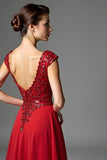 Dark Red Beaded V Neck A Line Mother of the Bride Dress with Cap Sleeves