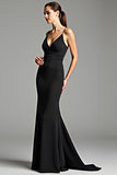 Mermaid V-Neck Ruched Long Black Dress