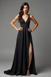 A Line Deep V-Neck Black Dress With Slit