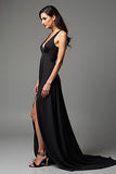 A Line Deep V-Neck Black Dress With Slit