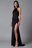 Simple Black Sheath Halter Long Formal Dress with Slit